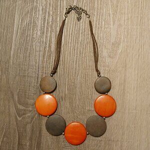 Women's Orange Brown Faux Wooden Discs Retro‎ Style Cord Necklace
